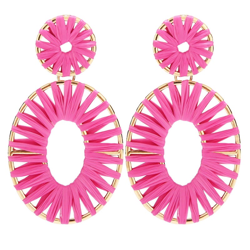 BaubleStar Kiera Raffia Tassel Fringe Rattan Hoop Drop Statement Earrings Hot Pink Tiered Thread Handmade Round Oval Cirle Dangle Fashion Jewelry for Women - Image 1